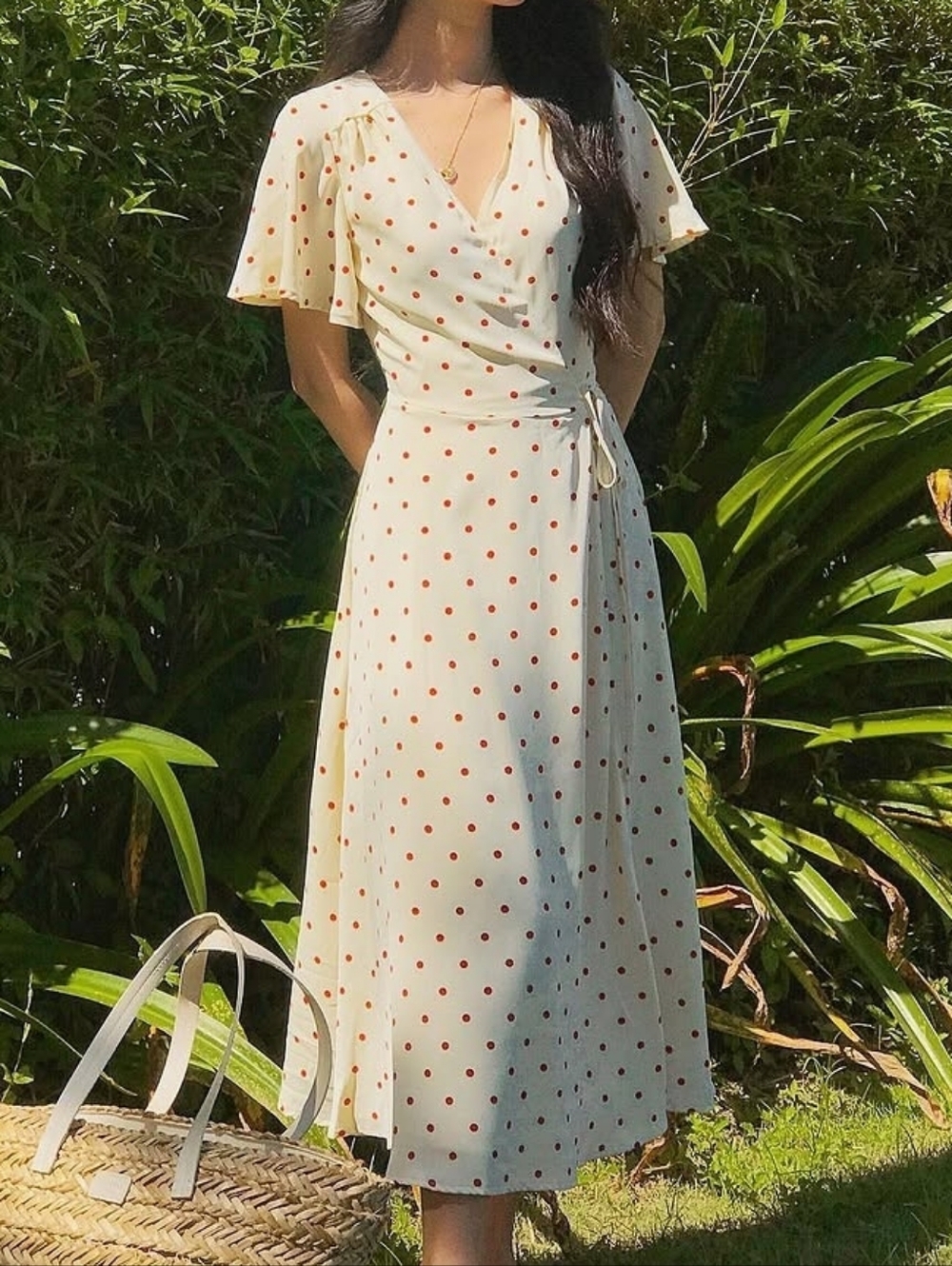 Vintage Inspired Polka Dot Wrap Midi Dress